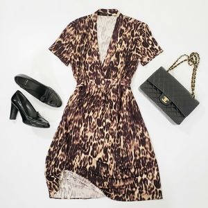 Elie Tahari Silk Leopard Print Short Sleeve V Neck Dress